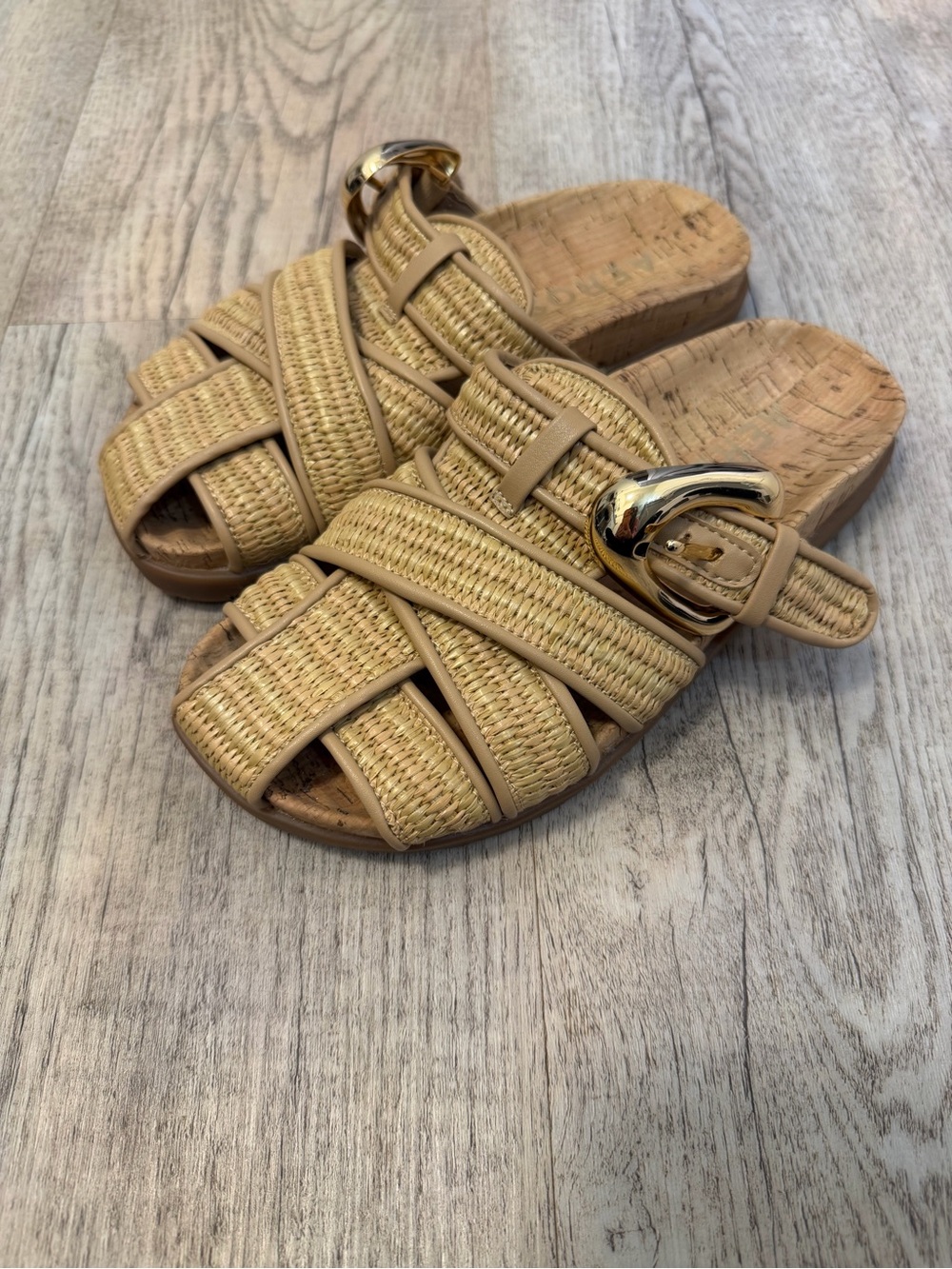 AEROSOLES Woven Slide Mules in Tan with Gold Buckle